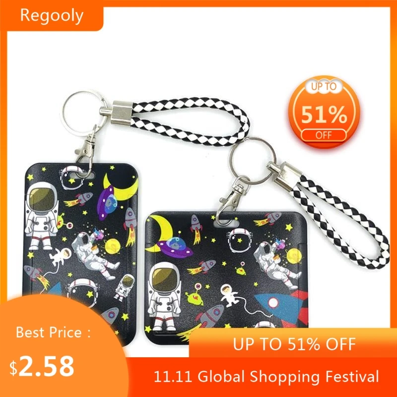 

Universe Astronaut Space Cartoon Cute Credit Card Holder Lanyard Women Men Kid Student Reel ID Name Bus Clips Card Badge Holder
