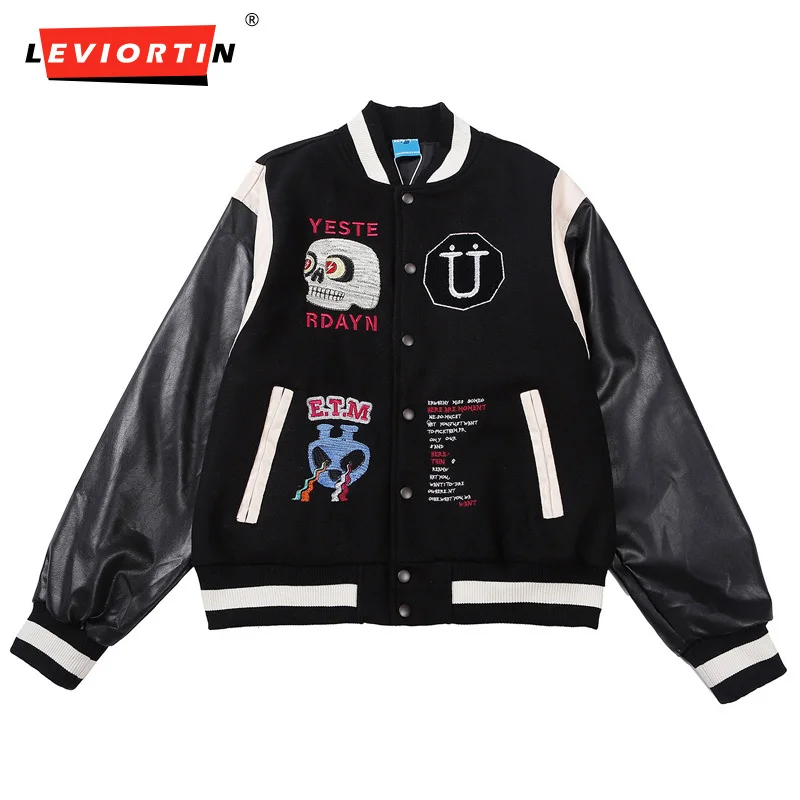 

Japanese Retro Cartoon Letter Embroidery Plaid Casual Jackets Men & Women Hip Hop Leather Sleeve Stand Color Match Autumn Coats