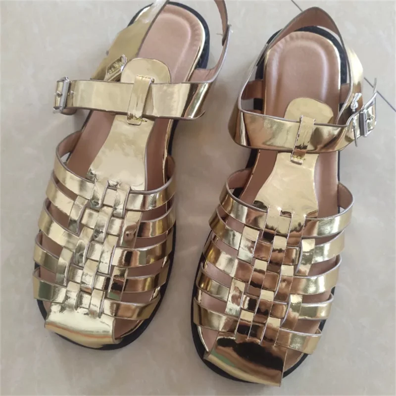 Vintage Fashion Temperament Gold Woven Hollow Roman Sandals For Women Summer Korean Casual Beach Shoes Female Flats