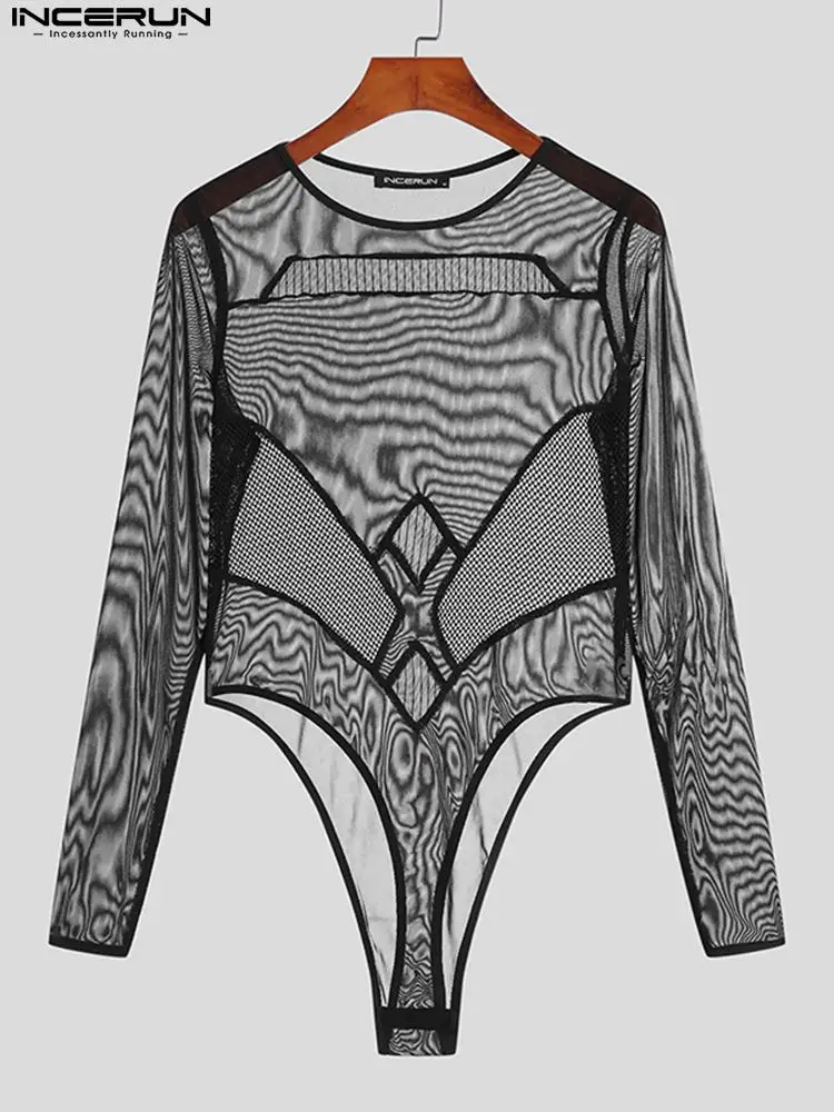 Comfortable Homewear Men's Onesies INCERUN 2022 See-through Mesh Fashion Sexy Male Stitching Sense Long-sleeved Jumpsuits S-5XL