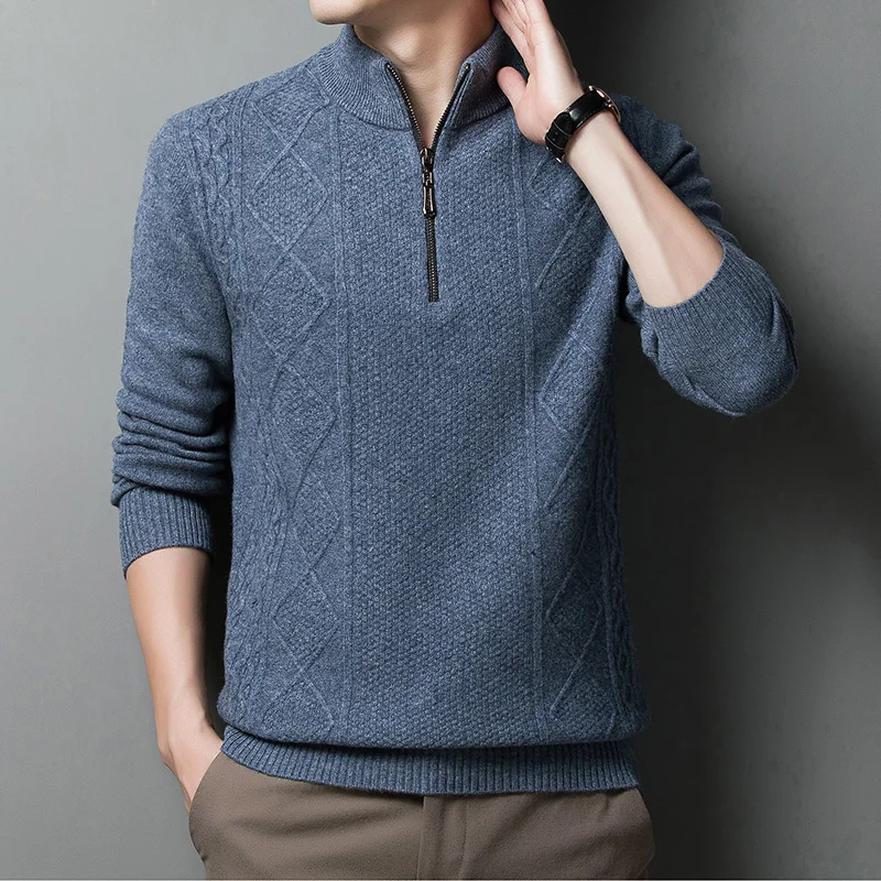 neck jacquard Men's coarse wool sweater stand thickened warm sweater 200% pure wool knitting backing