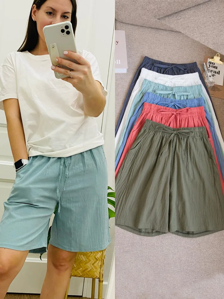 

2022 Women Cotton shorts Summer Casual Solid Cotton Linen shorts high waist loose shorts for girls Soft Cool female shorts