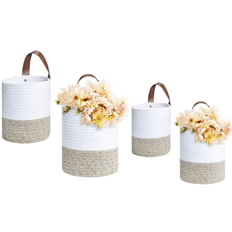

2Pcs Cotton Rope Hanging Baskets- Woven Wall Storage Basket With Handles Decor Baskets For Flower Plants