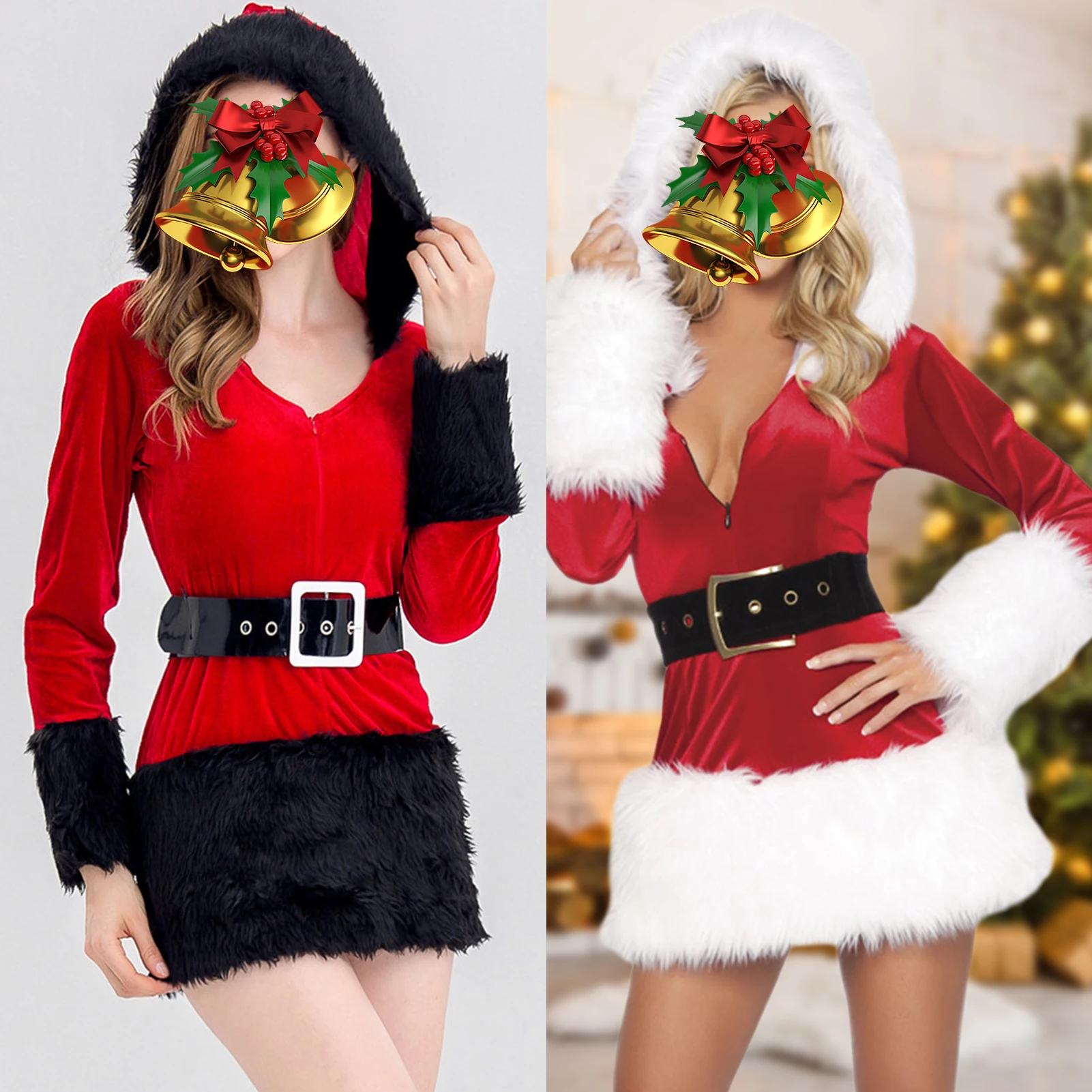 

Long Sleeve Ladies Santa Claus Party Suit Festival Style Women Santa Clause Costume with Hat Solid Color Vacation Outfit
