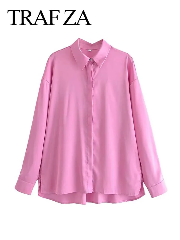 

TRAF ZA Elegant Intellectual Long Sleeve Shirt Solid Color Pink Satin Chiffon Button Lapel Casual Loose Versatile Fashion Blouse