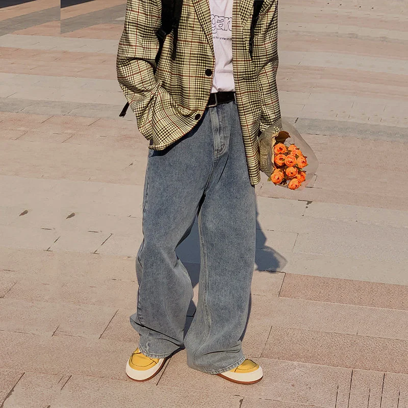 

Прямые джинсы в стиле ретро, мужские синие джинсы в Корейском стиле, мужские Модные повседневные джинсы, Мужская Уличная одежда, Широкие джи...