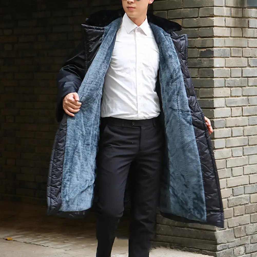 

Cotton Coat Windproof Fleece Long Style Thicken Solid Color Cold-proof Turn-down Collar Pockets Men Winter Coat for Camping