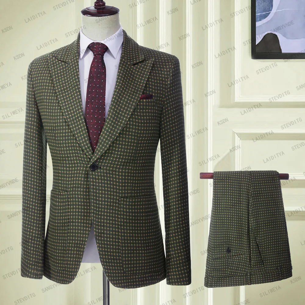 

2023 Green Dots Men Suit 2 Pieces Single Breasted Peaked Lapel Fashion Slim Fit Business Tuxedos Wedding Prom Coat Pants