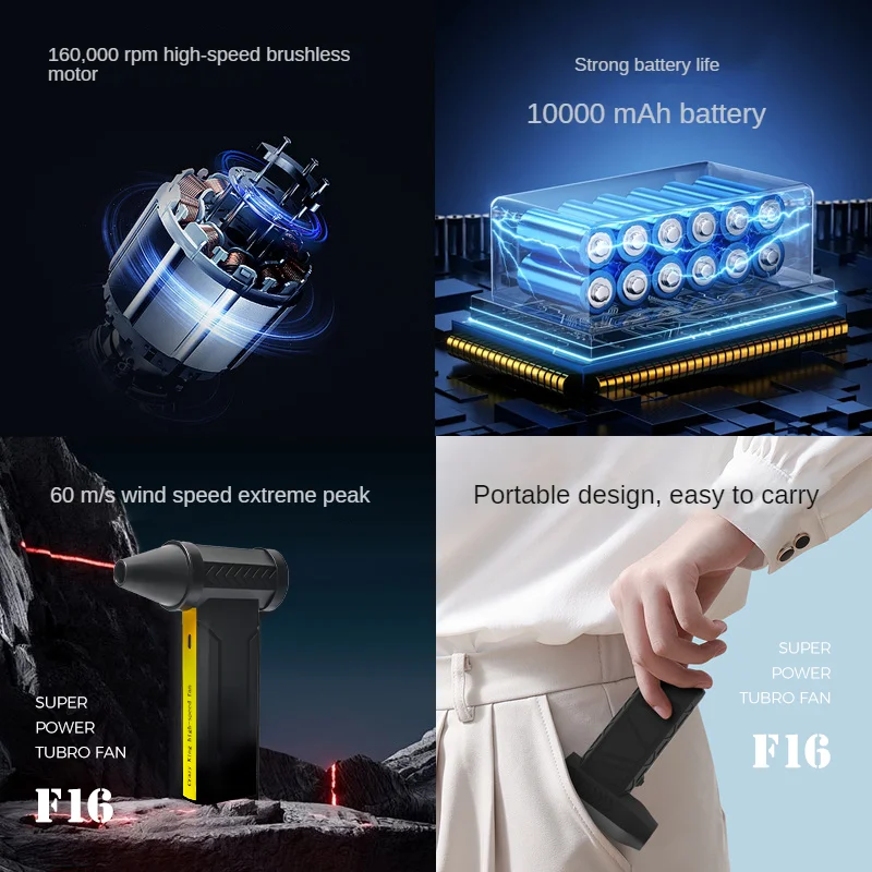160000 Супер ветер 60 м/с мини-турбореактивный вентилятор 10000 мАч ручной бесщеточный