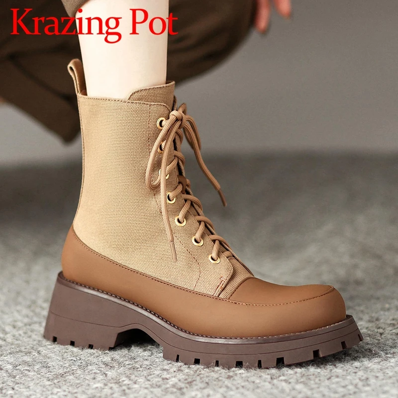 

Krazing Pot Cow Split Leather Round Toe Thick High Heels Fashion Boots Platform Cozy Cross-tied Rivets Causal Zipper Ankle Boots