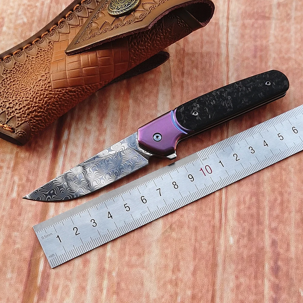 

Clean Stock Leather Case As Gift Ceramic Bearing Damascus Blade Carbon Fiber Folding Camping Fish Pocket EDC Tool Keychain Knife