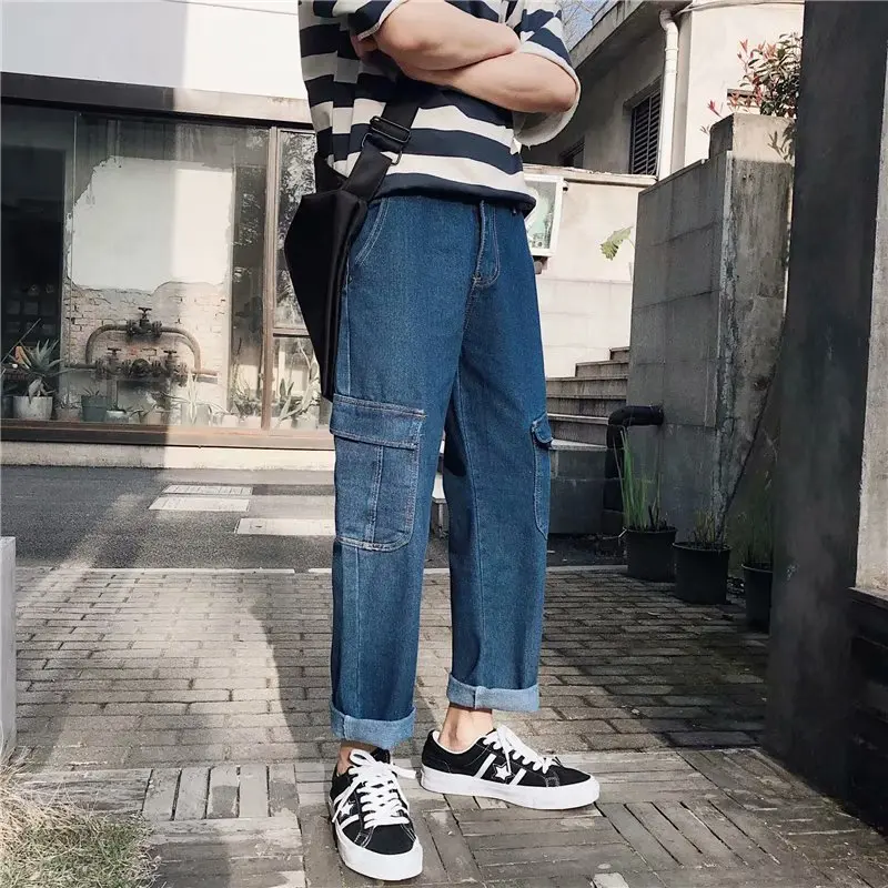 

Hong Kong Style Autumn New Straight Jeans Men's Korean Style Loose Wild Harajuku Style Bf Students Ankle Length Straight Pants