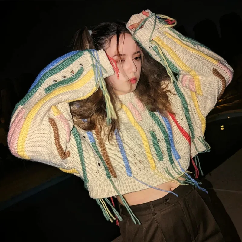 

Korean Fashion Women Sweater Knitted Pullover Long Sleeve Top Short Women Sweaters Jumper Y2K Clothes Autumn Winter Hip Hop