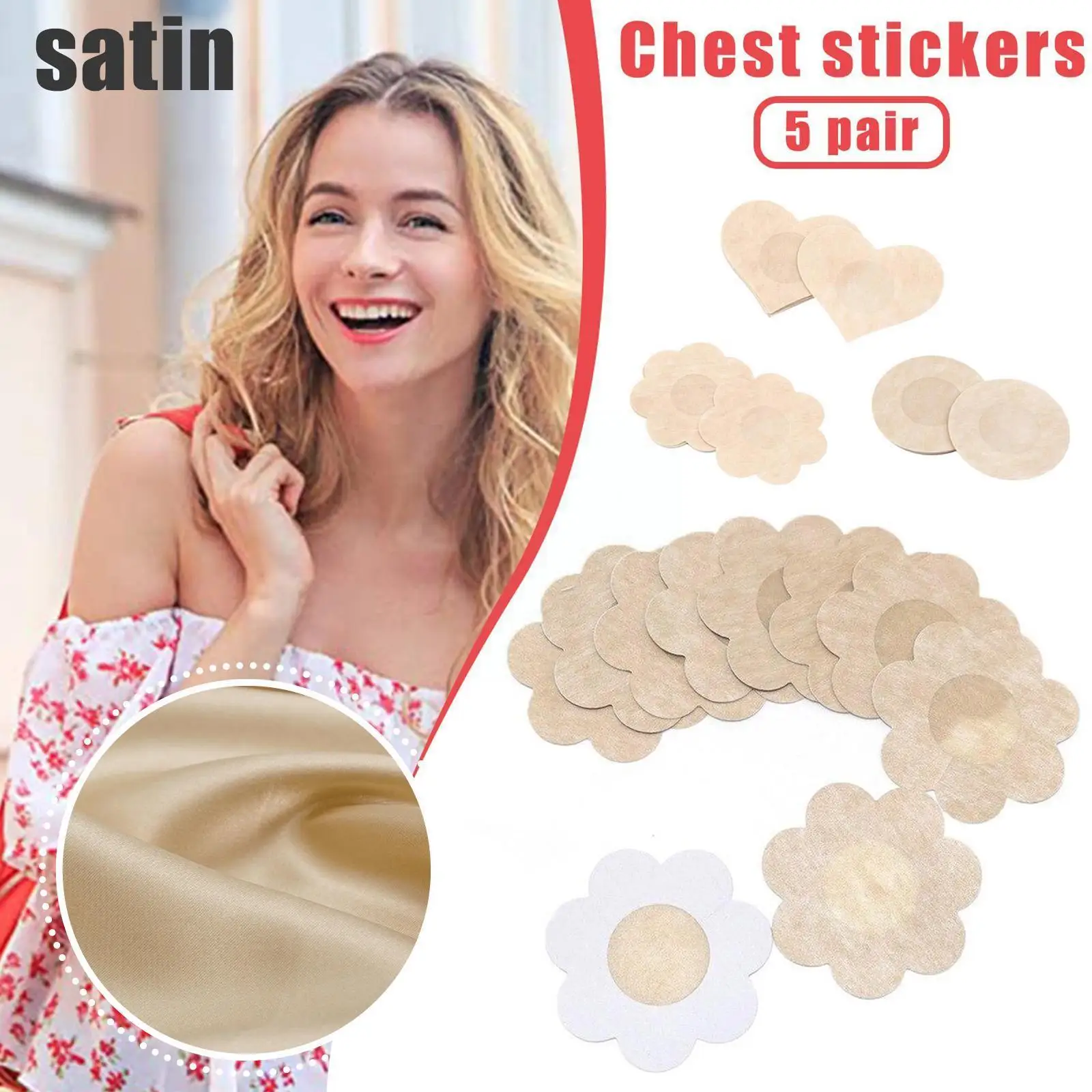 

5 Pair Disposable Chest Stickers Satin Beige Flower Accessories Patch Cover Heart Pad Nipple Round Shaped Breast Bra Sticke W1m7