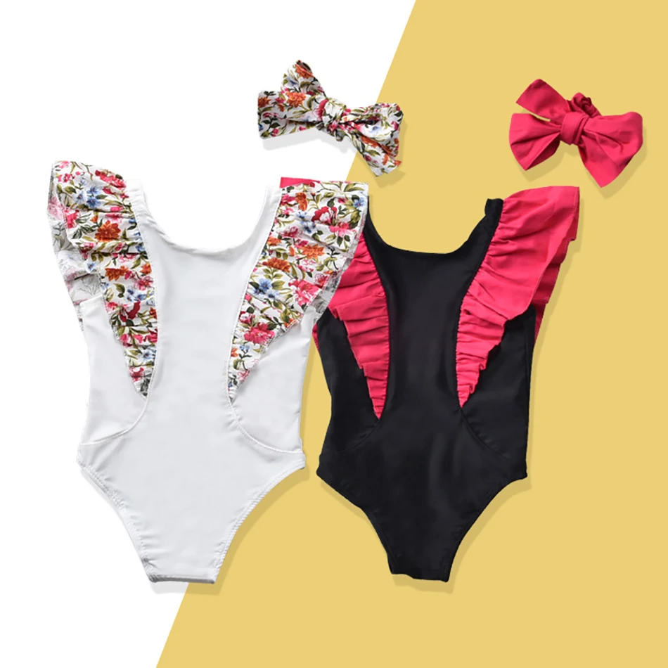 

Summer Baby Girls Lace Swimsuit Cute Ruffles Swimwear + Headband Toddler Kid Bow Swimming Bodysuit Girl Beachwear
