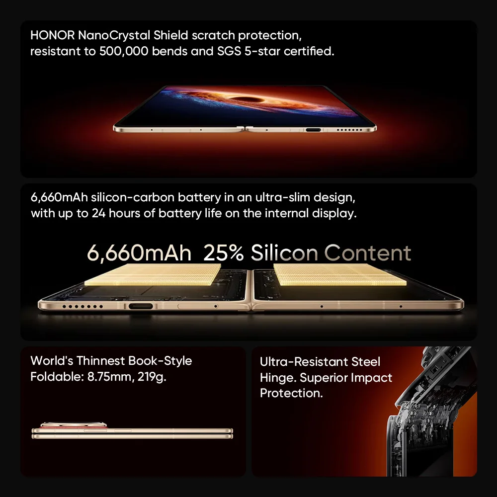 Фото Глобальная версия HONOR Magic V6 5G: Складной смартфон с процессором Snapdragon 8 Elite Gen 5, 7.95-дюймовым 120Гц LTPO OLED-дисплеем, аккумулятором 6660 мАч, быстрой зарядкой 80W+66W SuperCharge и NFC. №3