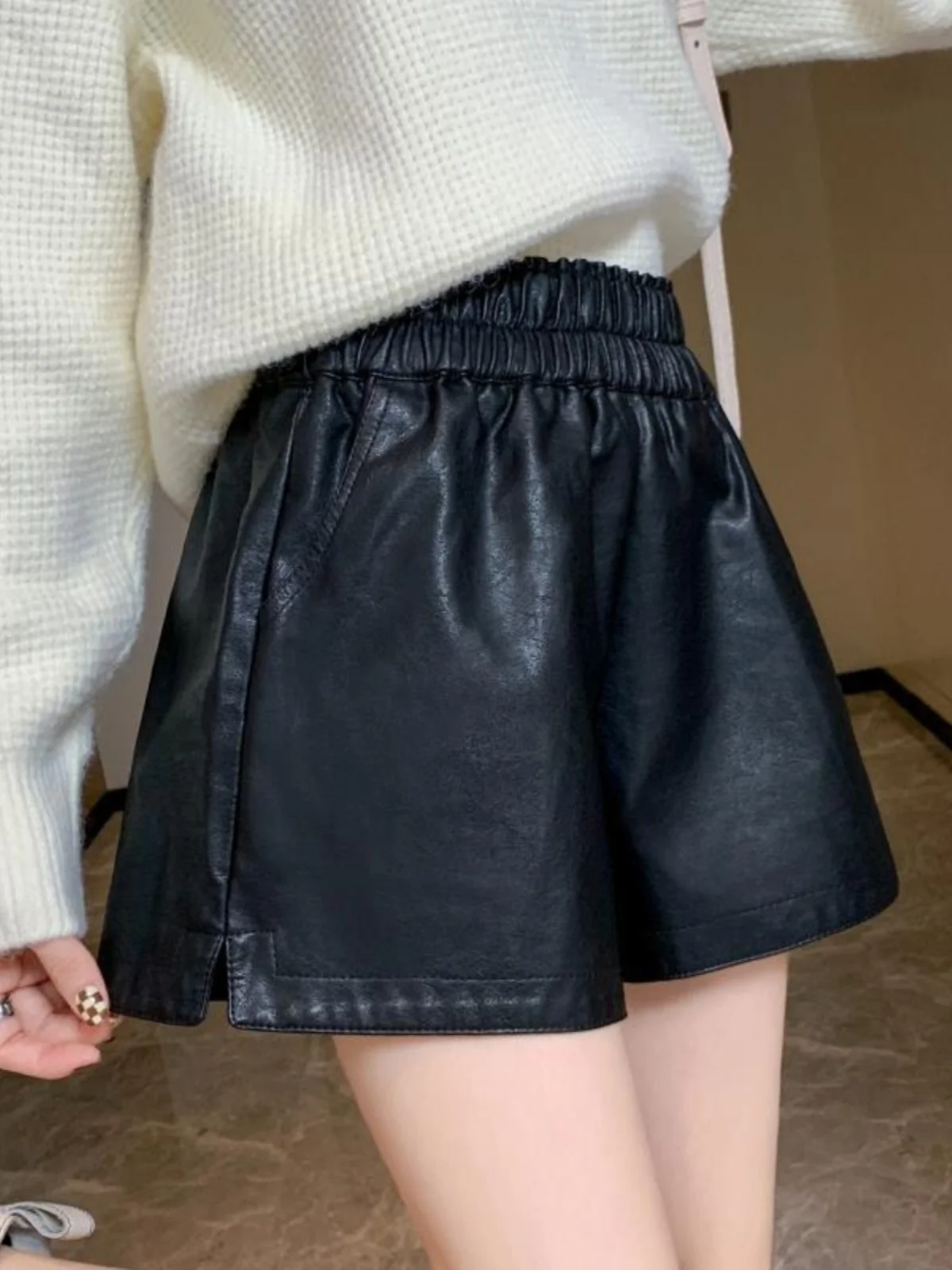 Большие размеры Шорты из искусственной кожи Женские осенние и зимние новые