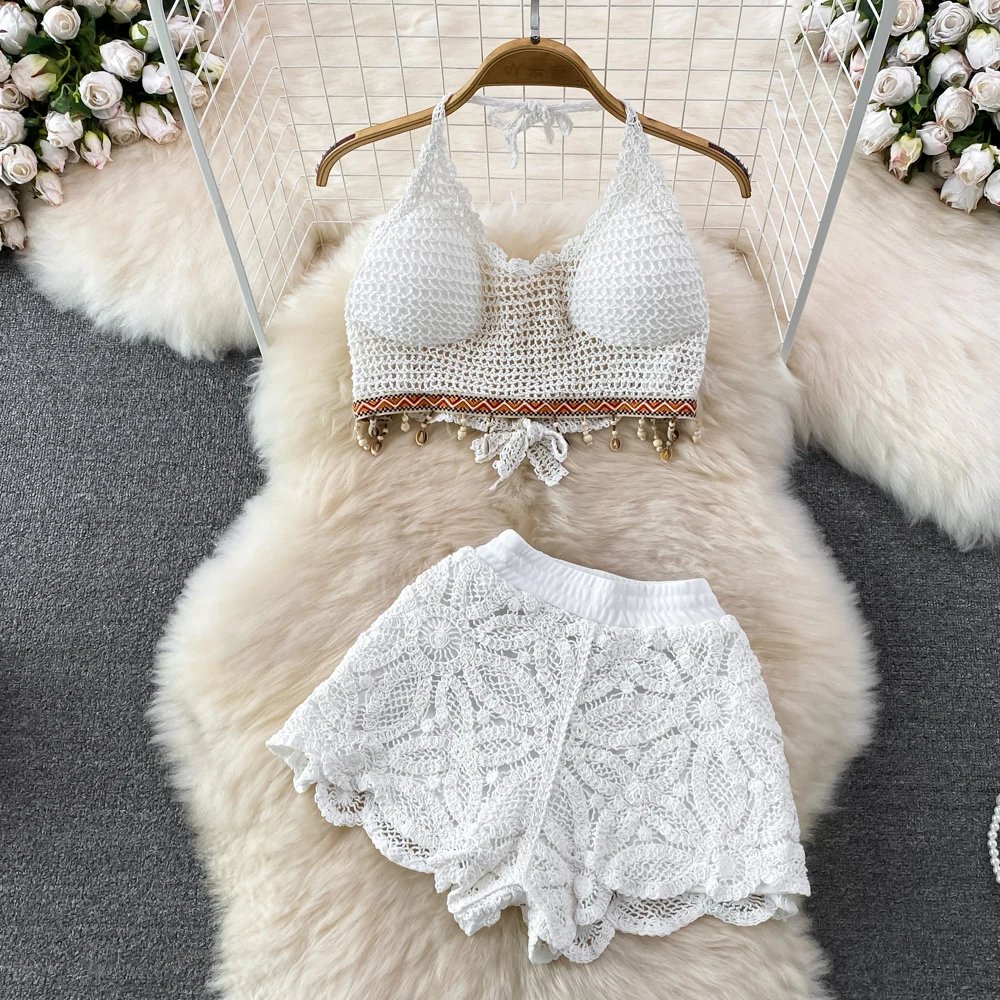 

Seaside Holiday Fashion Suit Women's Tassel Vest 2pcs Set of High-waisted Hollowed-out Shorts Sets