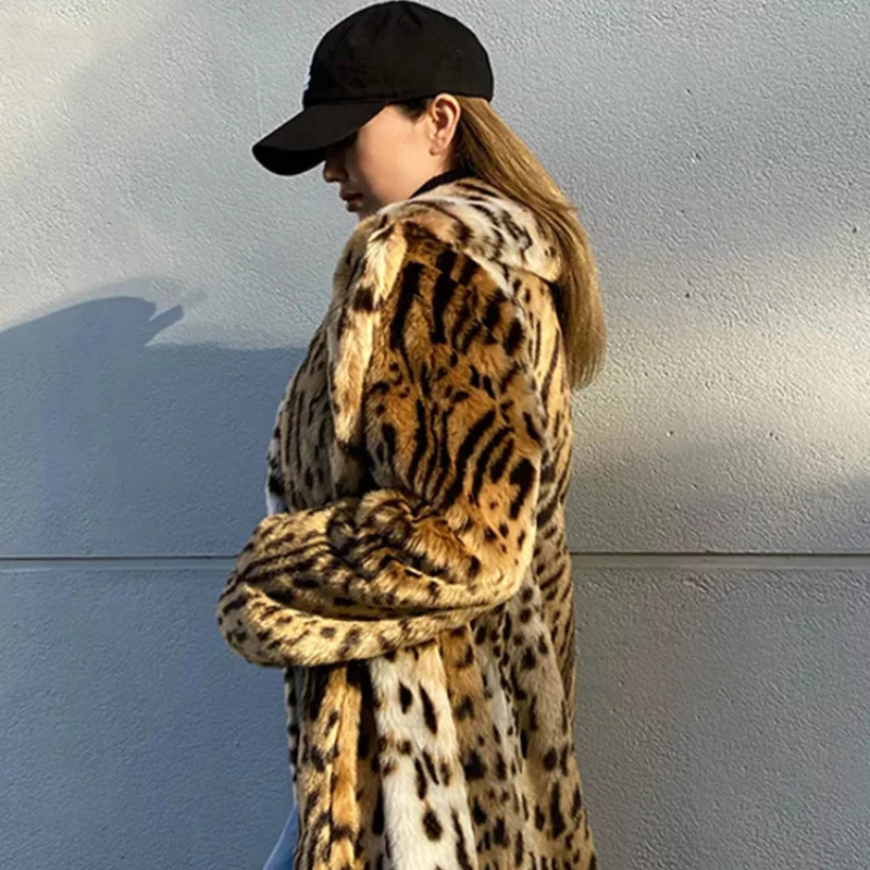 

Leosoxs Winter Long Warm Thick Leopard Fluffy Faux Fur Coat Women Tiger Print Runway Loose Luxury