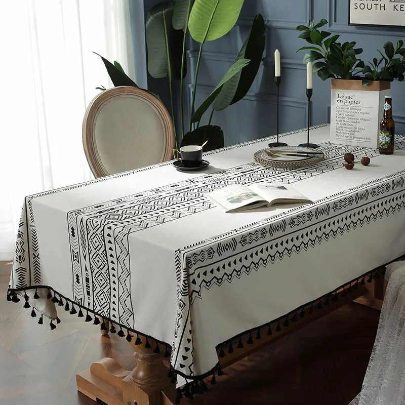 

Bohemian Cream Print Long Table Cloth Fringed Table Cloth Cover