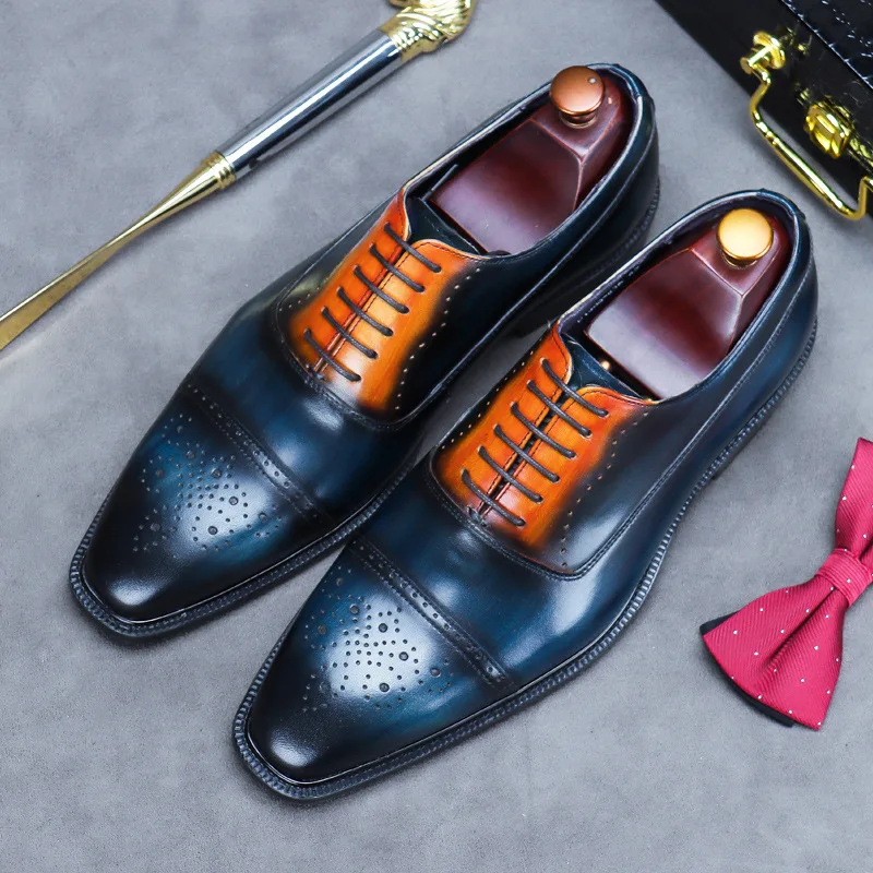 

Mature Men's Trendy Pointed Toe Oxfords Businessman Genuine Leather Carved Brogue Formal Dress Shoes