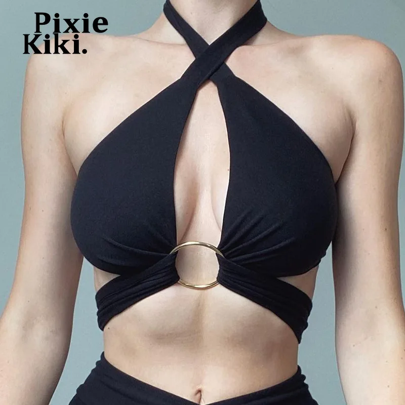 

Пикантная майка PixieKiki с металлическим кольцом, перекрестной лямкой через шею, открытой спиной и V-образным вырезом, праздничная Клубная одеж...