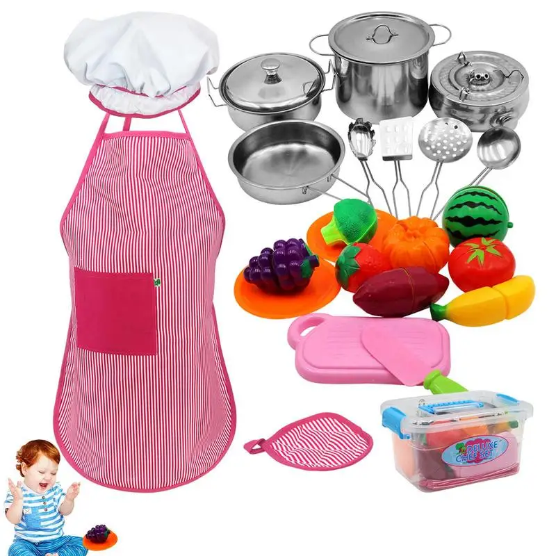 

Kids Kitchen Playset Accessories Pretend Play Toys With Stainless Steel Cookware Kitchen Cutting Food Vegetables Games For Kids