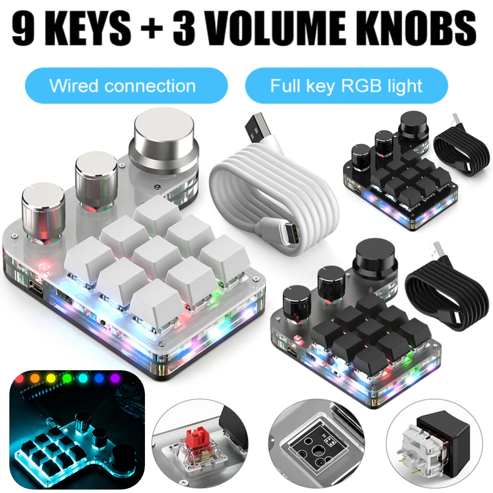 

RGB механическая клавиатура Hotswap для самостоятельной сборки, совместимая с Bluetooth, 9 клавиш, 3 регулятора громкости, программируемая игровая кл...