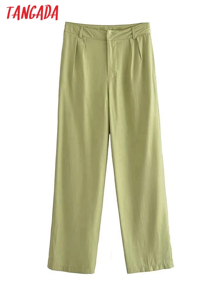 

Tangada 2022 Women Green Wide Leg Pants Trousers High Waist Lady Pants Pantalon 5D123
