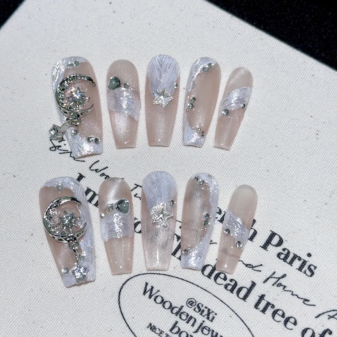 Накладные ногти ручной работы с блестящей звездой и луной декор со стразами