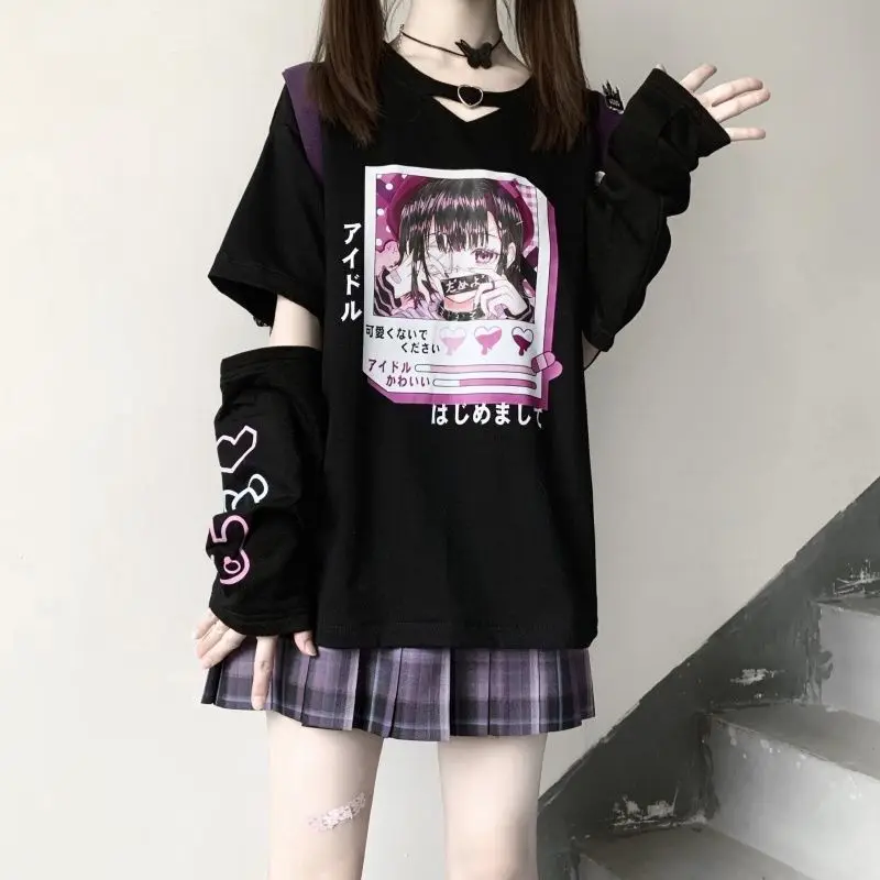 

MINGLIUSILI Kawaii Cartoon Print T Shirt Women Fashion Harajuku Graphic Tee Short Sleeve Spring 2022 Loose Casual Black Tshirt