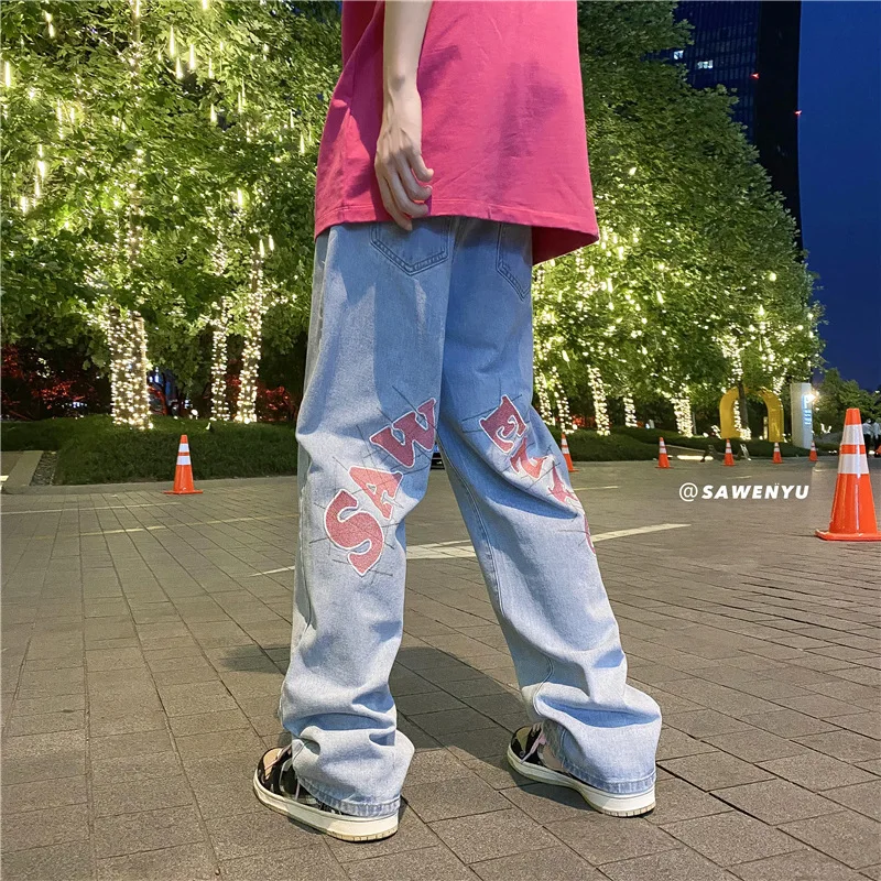 Y2k Men Harajuku Streetwear Alt Jeans Straight Fairy Grunge Hip Hop Wide Leg Pants Denim Trousers High Waist Oversize Clothes