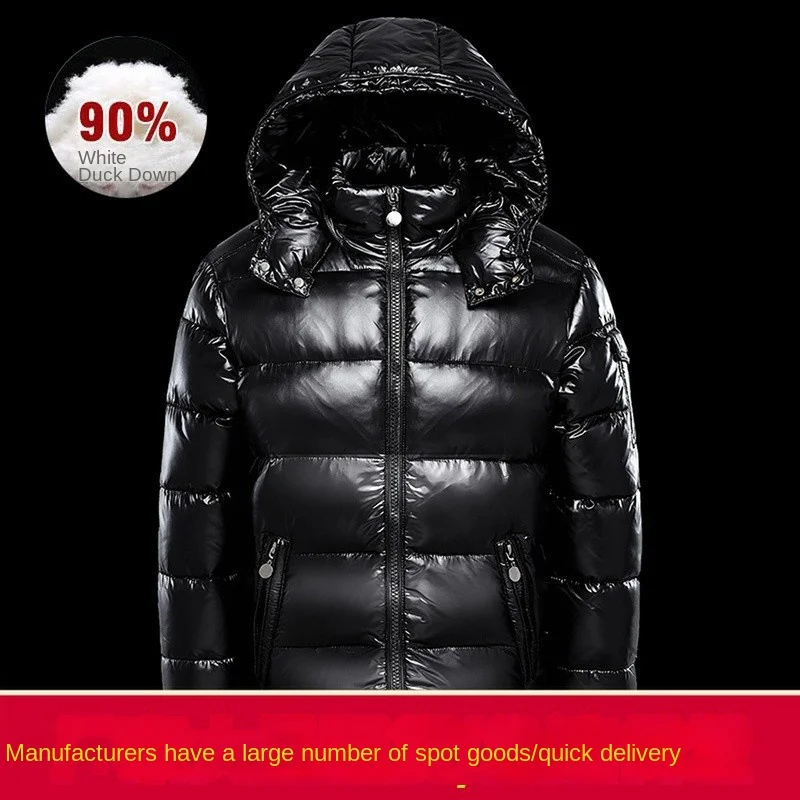 Down jacket, black glossy, male and female couples, oversized jacket, hooded, trendy, thickened bread jacket, work clothes