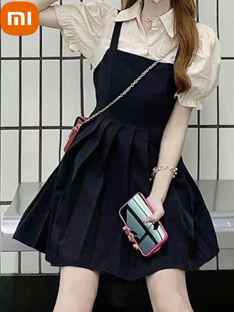 

Черное плиссированное платье Xiaomi в Корейском стиле, повседневные милые школьные короткие платья с пышными рукавами, студенческий летний са...