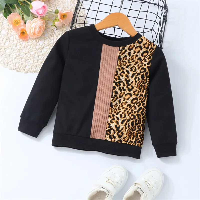 

Toddler Baby Girls Leopard Sweatshirts Tops Kids Long Sleeve Patchwork T-shirt Pullover Spring Autumn Clothing Hoodies Outfits