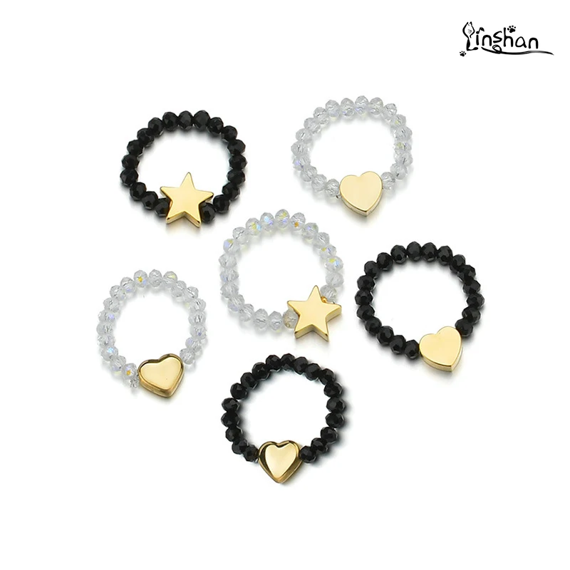 

Lin Shan Hot New Simple Crystal Beads Love With Stars Index Finger Ring Female Cold Wind Titanium Steel Elastic Ring Jewelry