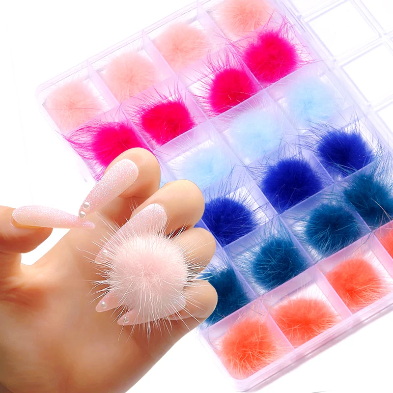 

24 Pcs/Box Nail Art Plush Ball Jewelry Magnetless 3D Nail Art Fluffy Nail Charm Jewelry DIY Nail Art Decoration Accessories