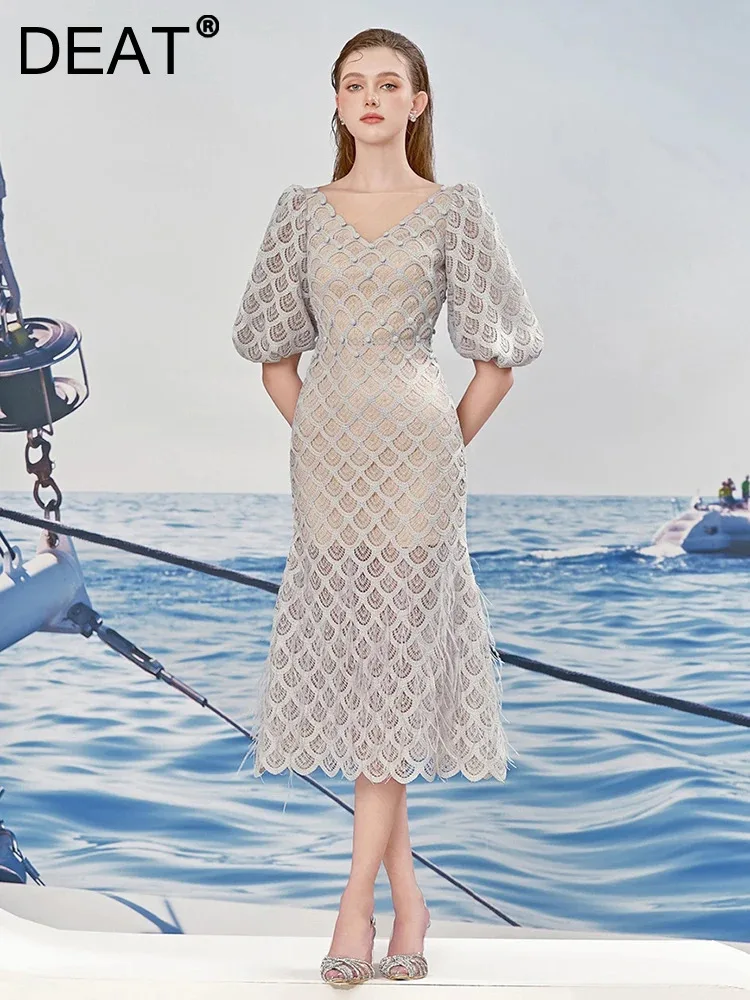 DEAT Элегантное платье с v-образным вырезом и пышными рукавами кружевное ажурное