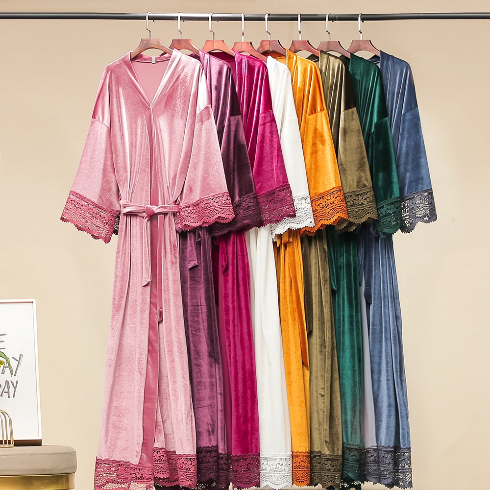 Winter Robe Women Long Solid Velvet Robe Bridal Robe Bridesmaid Robes Lace Trim Wedding Robe Sleepwear Bathrobe   Long Gowns