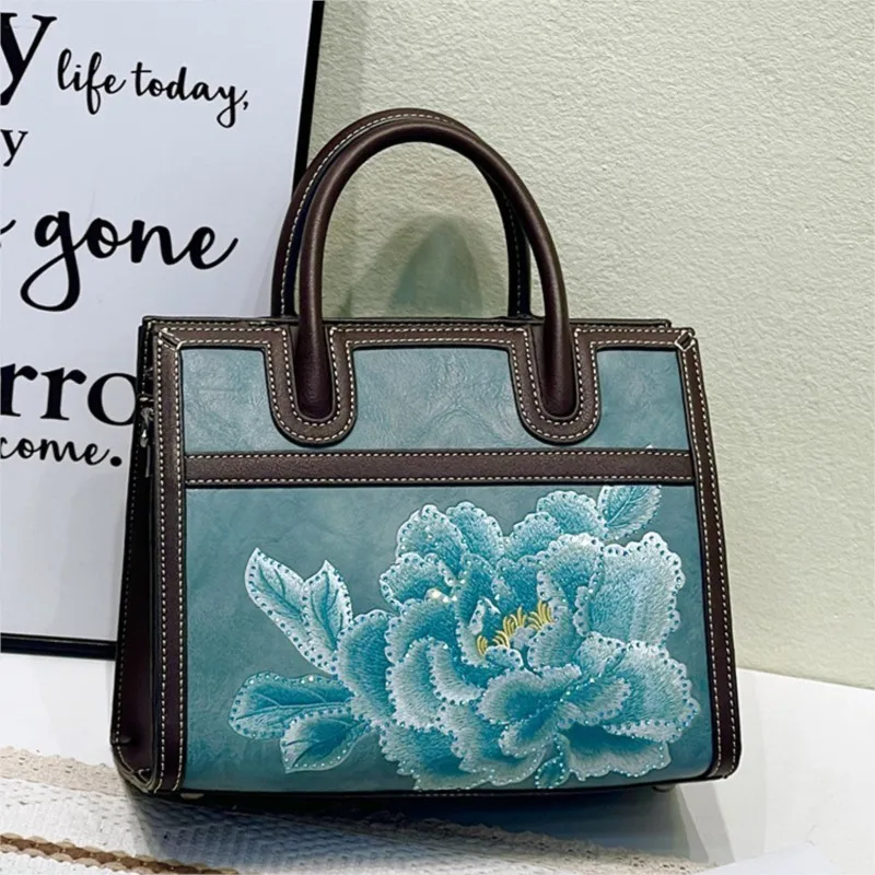 

Женская сумка с вышивкой Johnature, вместительная кожаная сумка-тоут в стиле ретро, повседневная Сумочка на плечо, 2023