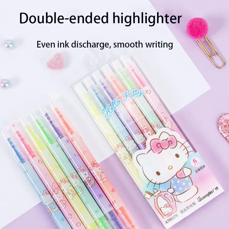 

6Pcs Hellokitty Kawaii Sanrio Double-Headed Highlighter for Students with 6-Color Set Cartoon Cute Color Marker 6Kt Korean Style