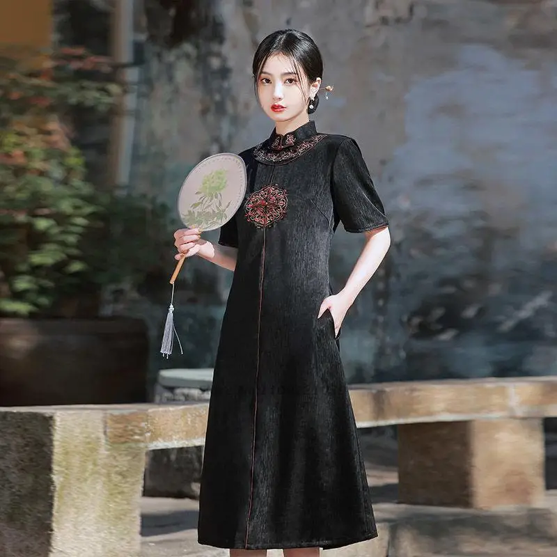 

2022 chinese retro cheongsam flower embroidery lace qipao oriental traditional clothing modern improve vintage cheongsam dress