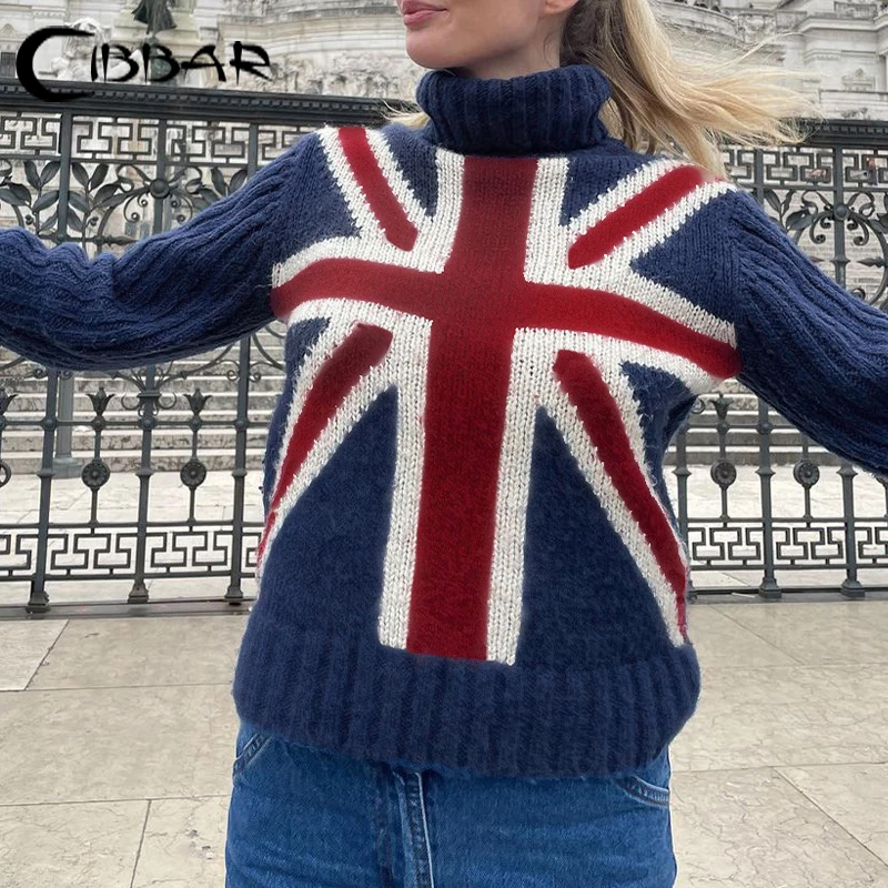 Женский свободный свитер-водолазка с длинным рукавом и принтом