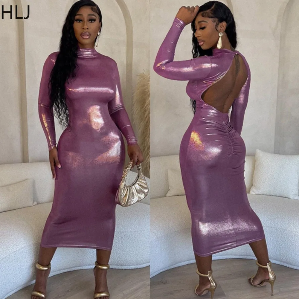 

HLJ Pink Women Bodycon Party Club Mid Dress Casual Round Neck Long Sleeve Backless Vestidos Sexy Female Slim Solid Clothing 2023