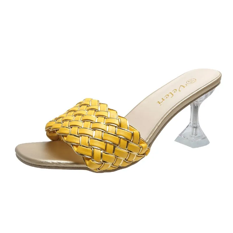

Summer 2022 Women's New Trend High Heels Ladies Luxury Woven Design High Heels Transparent Heel Beach Slippers 1