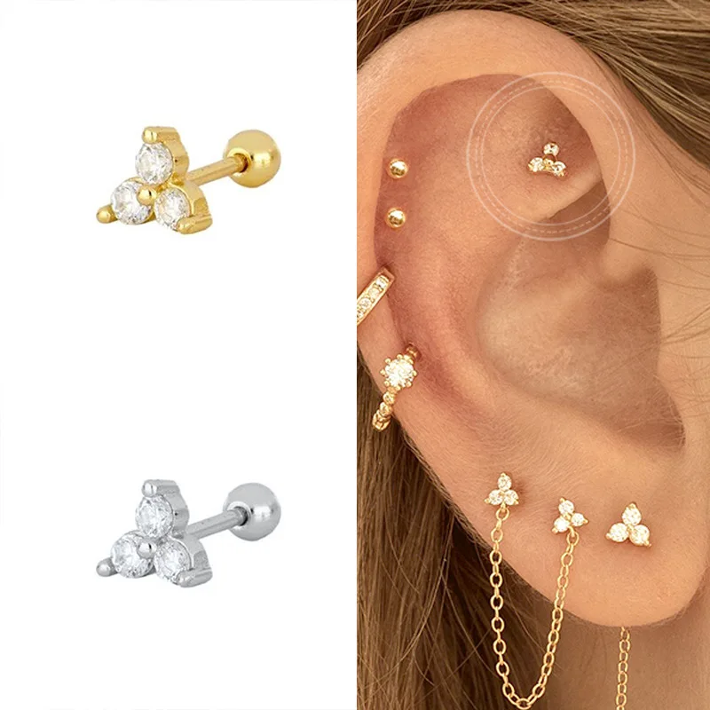 

Itsmos 925 Sterling Silver Geometric Clover Screw Pave Stud Piercing Earrings For Women Small Flowers Earrings Jewelry