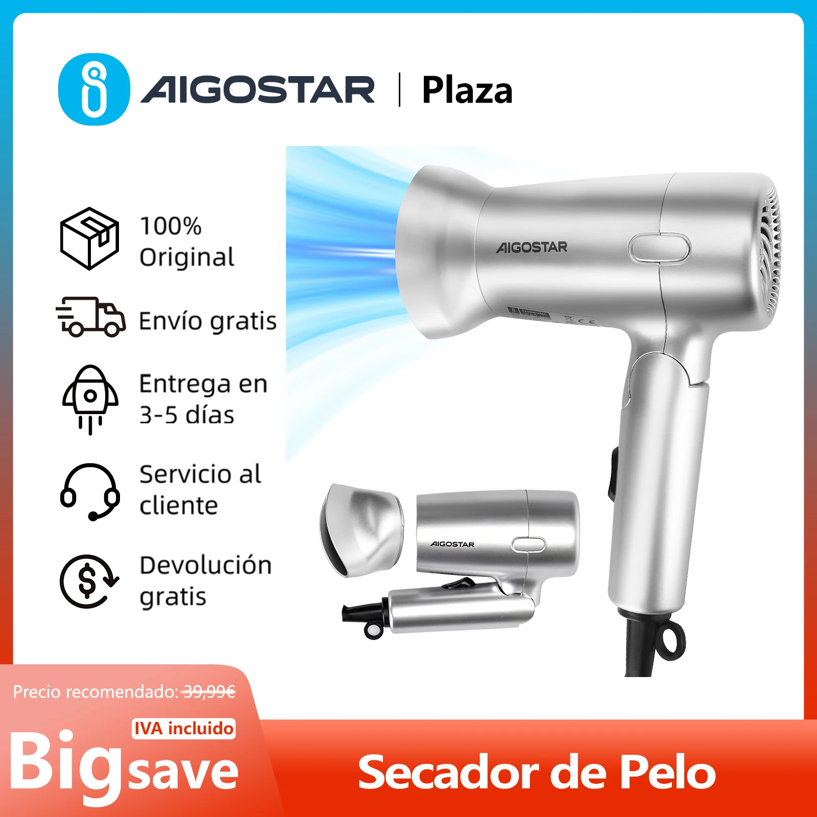 Small Compact Hair Dryer, Travel Dryer, Foldable, 2 Speeds and Temperature Settings, Hanging Hook, 1200 W