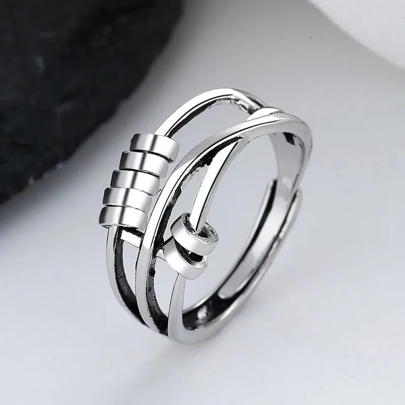 

Vintage Old Thai Silver Ring Decompression Female Three-ring Smart Index Finger Ring Transfer Beads Live Mouth Jewelry