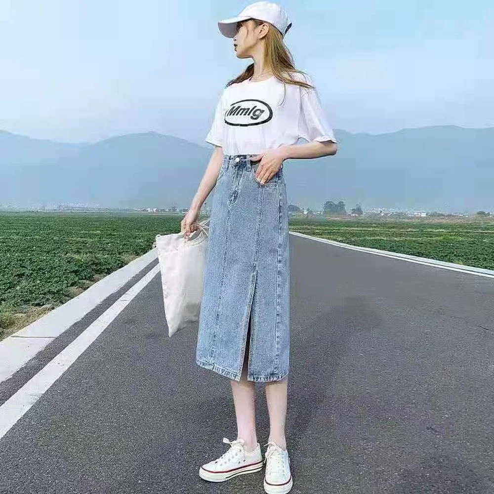 Женская длинная джинсовая юбка средней длины голубая Повседневная винтажная из