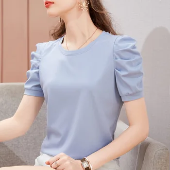 Women's Summer Short-sleeved T-shirt Cotton Solid Color Half-sleeved Blouses Pleated Puff Sleeve Women's Clothing Wear to Work 1